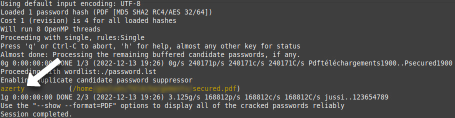 Résultat de l'attaque révélant le mot de passe du PDF